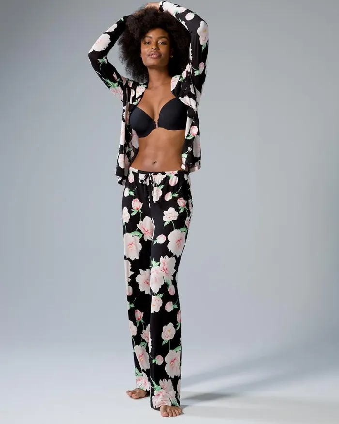 Soma Cool Nights Long Sleeve Notch Collar Pretty Peony Black Women Pajama Tops