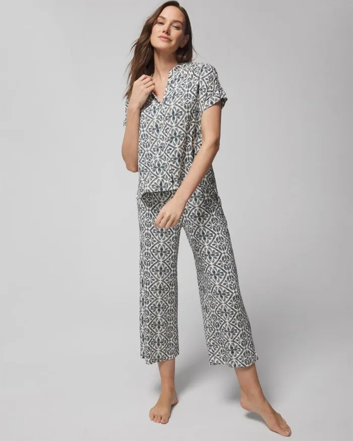 Soma Cool Nights ShortSleeve ButtonFront Paisley Floral White S Women Matching Sets and Separates