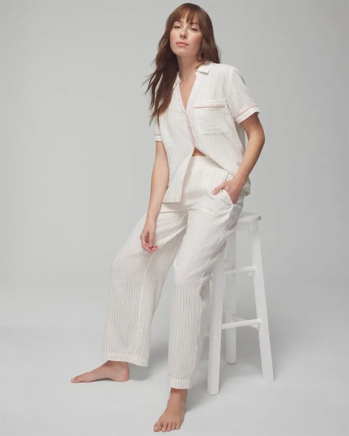 Soma Cotton Gauze Pants Dbl Cloth Bw Stripe Women Matching Sets and Separates