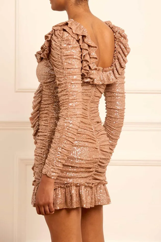 Sunbeam Rouched Long Sleeve Micro Mini Dress Beige Women Needle and Thread Dresses