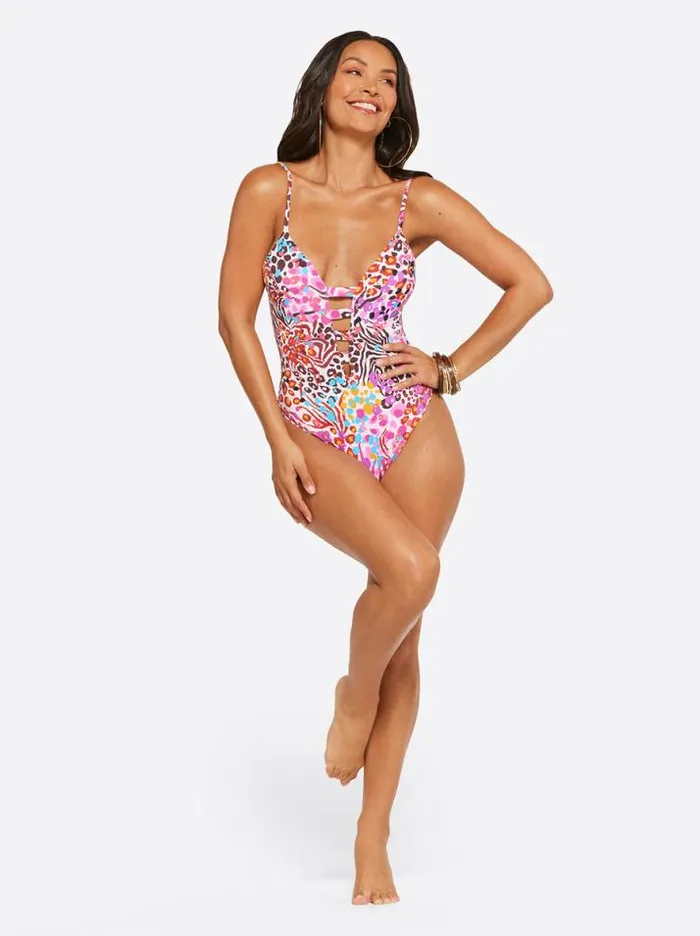 Swim Clothing Jessica Simpson French Exit Plunge One Piece In Pink Multi