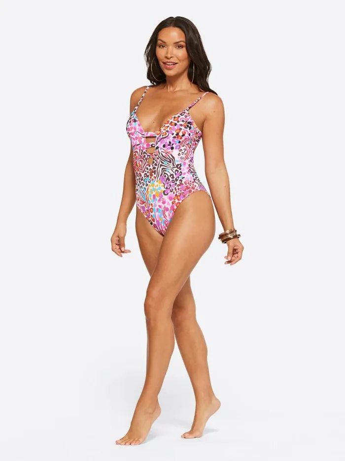 Swim Clothing Jessica Simpson French Exit Plunge One Piece In Pink Multi