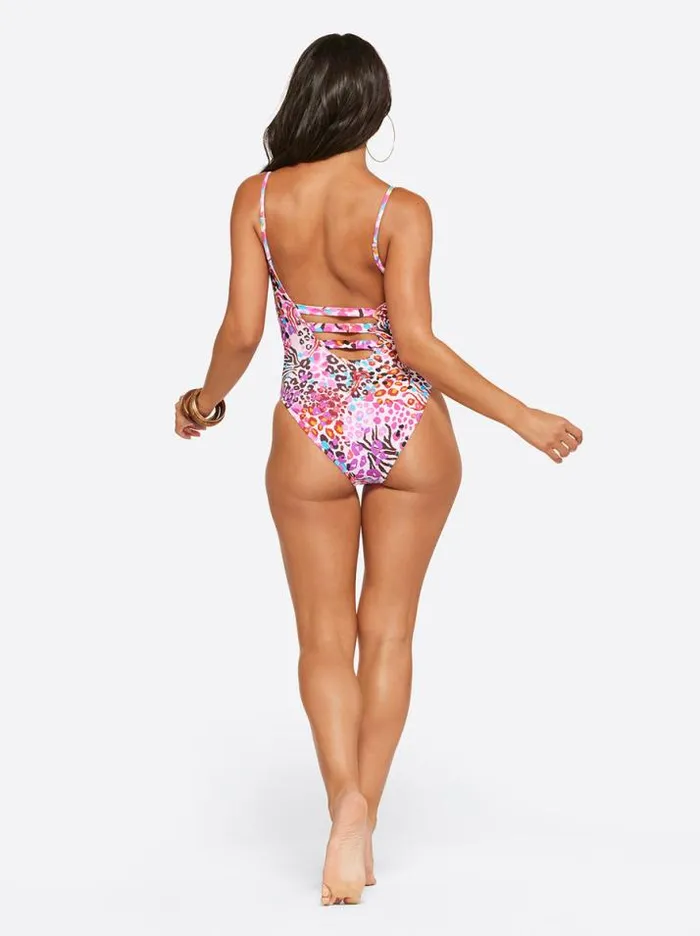 Swim Clothing Jessica Simpson French Exit Plunge One Piece In Pink Multi