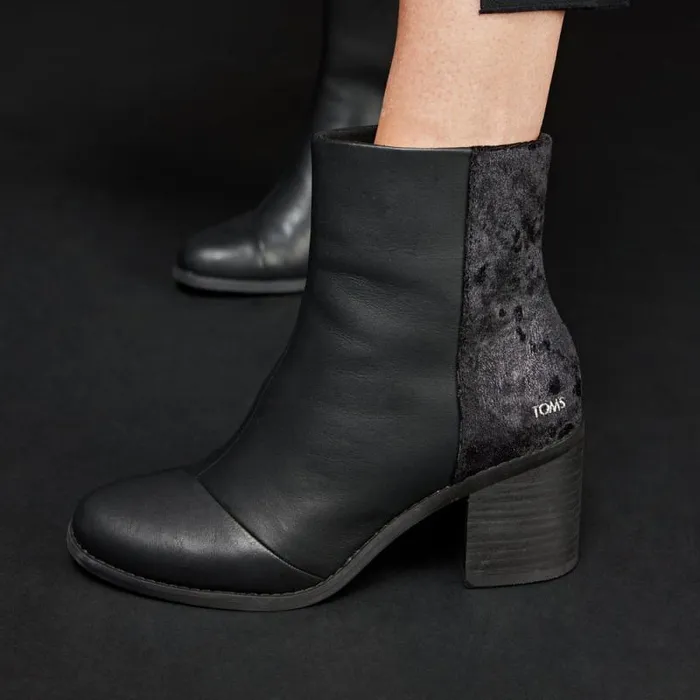 Toms Boots and Booties Evelyn Heeled Boot Leather Black Plush Foil 8211 Women