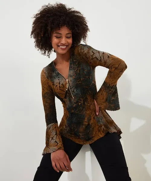 Tops Tunics and Blouses Connie Zip Top Brown Joebrowns Apparel