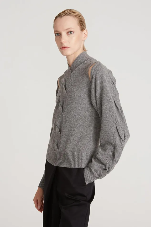 Tops Women Halston Auden Wool Cash Cable Shrug Medium Heather Grey