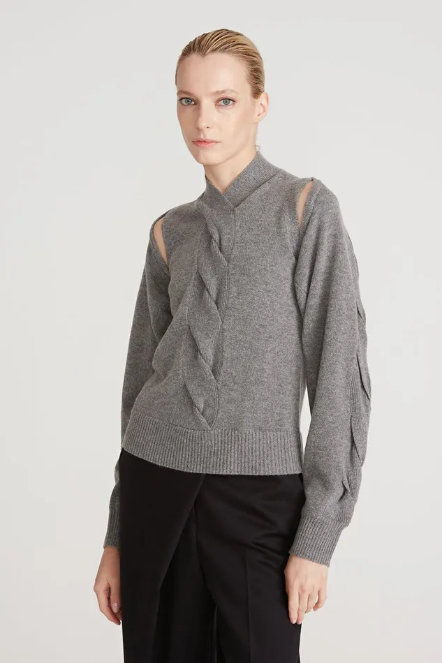 Tops Women Halston Auden Wool Cash Cable Shrug Medium Heather Grey