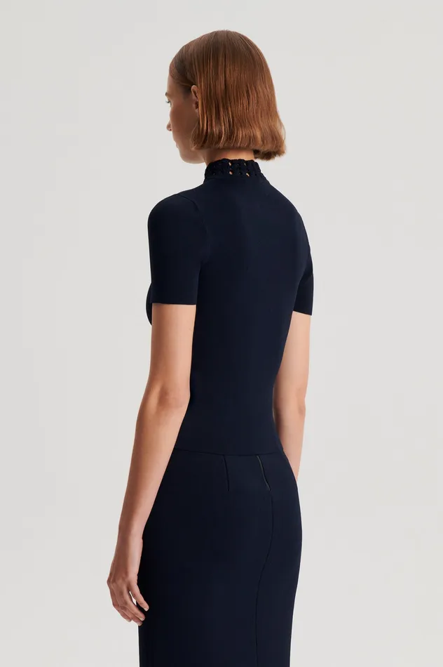 Tops Women Scanlan Theodore CREPE KNIT DAISY SHORT SLEEVE TOP NAVY Tops Women Scanlan Theodore CREPE KNIT DAISY SHORT SLEEVE TOP NAVY