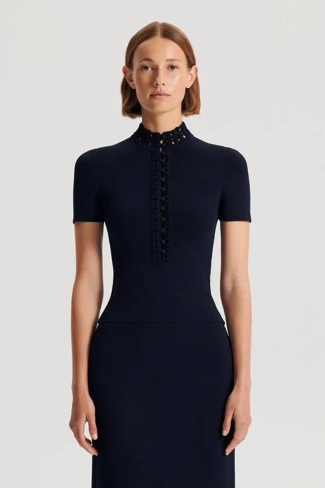 Tops Women Scanlan Theodore CREPE KNIT DAISY SHORT SLEEVE TOP NAVY Tops Women Scanlan Theodore CREPE KNIT DAISY SHORT SLEEVE TOP NAVY