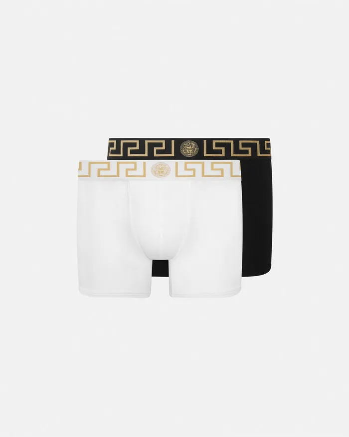 Versace Boxers Men Greca Border Long Trunks 2Pack Blackwhite