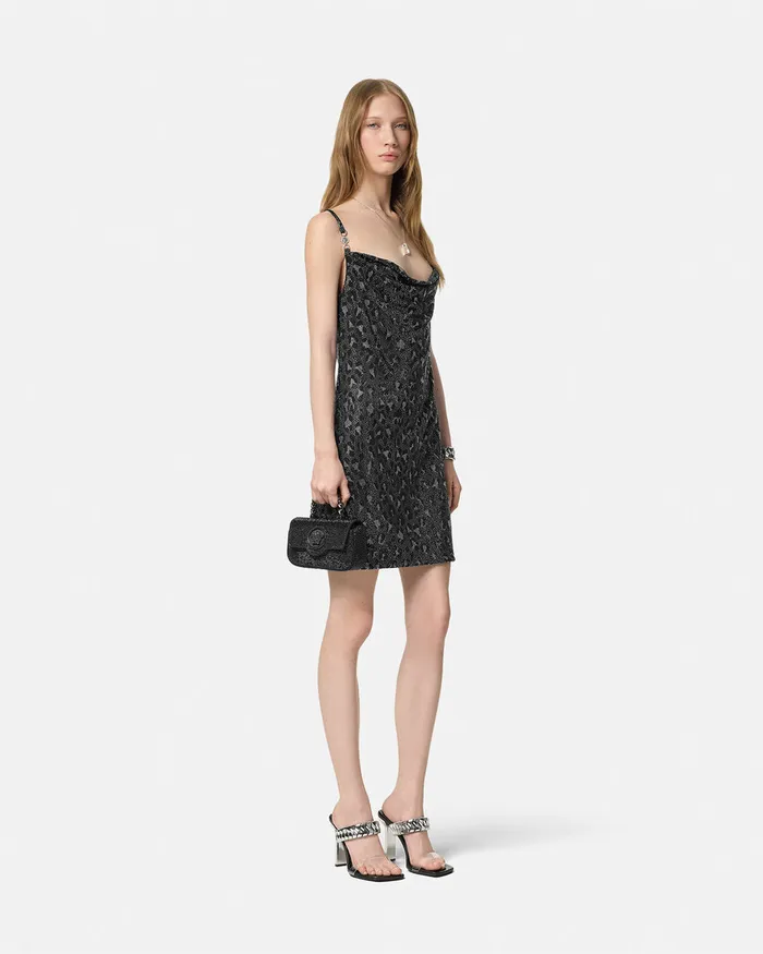 Versace Dresses Women Crystal Leopard Slip Mini Dress Black