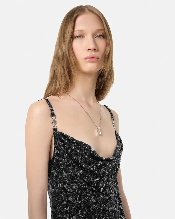 Versace Dresses Women Crystal Leopard Slip Mini Dress Black