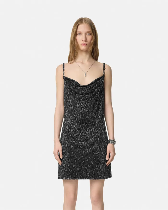 Versace Dresses Women Crystal Leopard Slip Mini Dress Black