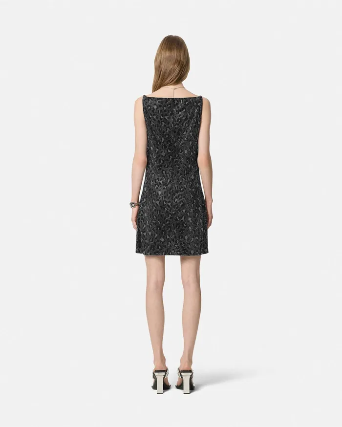 Versace Dresses Women Crystal Leopard Slip Mini Dress Black