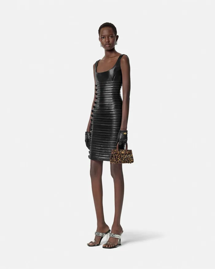 Versace Dresses Women Plong Leather Scoop Fitted Mini Dress Black