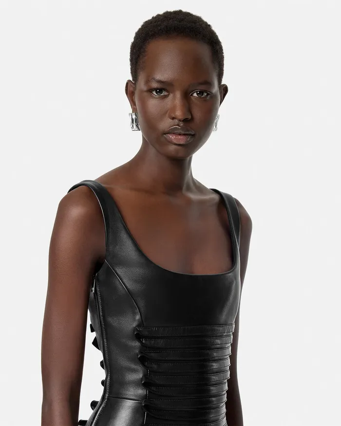 Versace Dresses Women Plong Leather Scoop Fitted Mini Dress Black