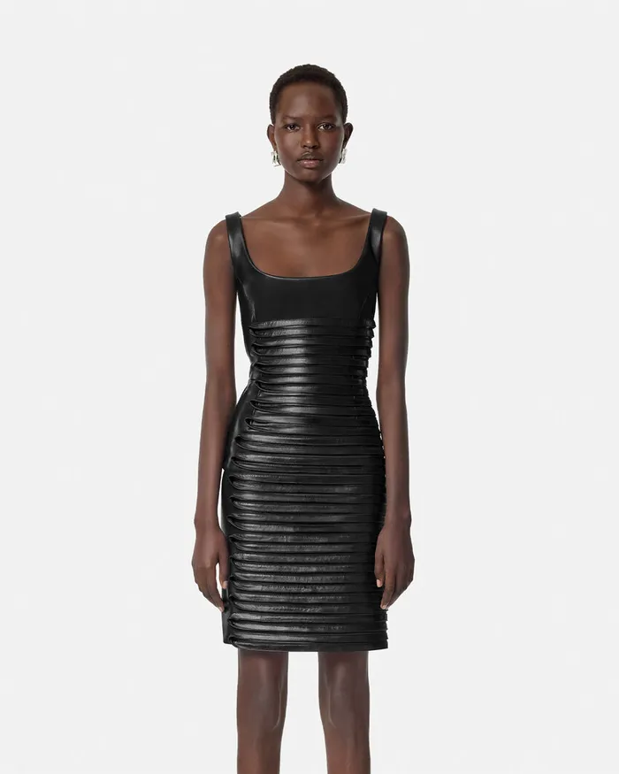 Versace Dresses Women Plong Leather Scoop Fitted Mini Dress Black