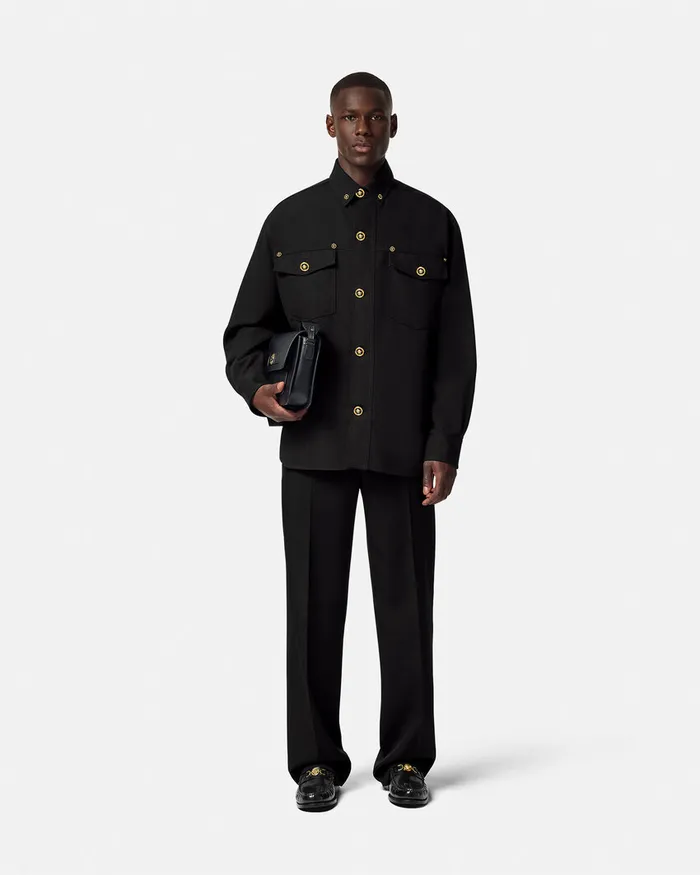 Versace Jackets and Coats Men Gabardine Wool Overshirt Black