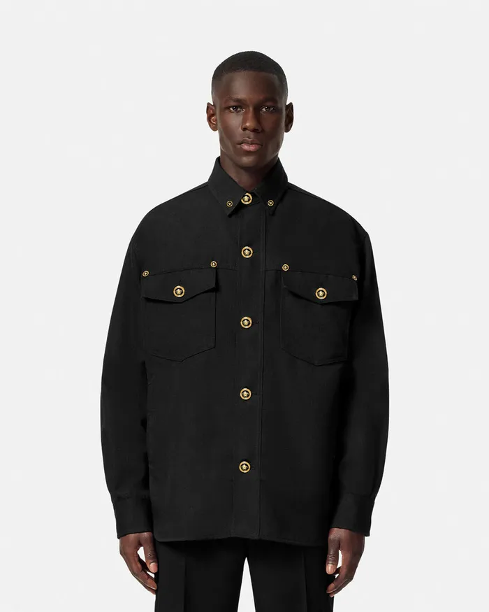 Versace Jackets and Coats Men Gabardine Wool Overshirt Black