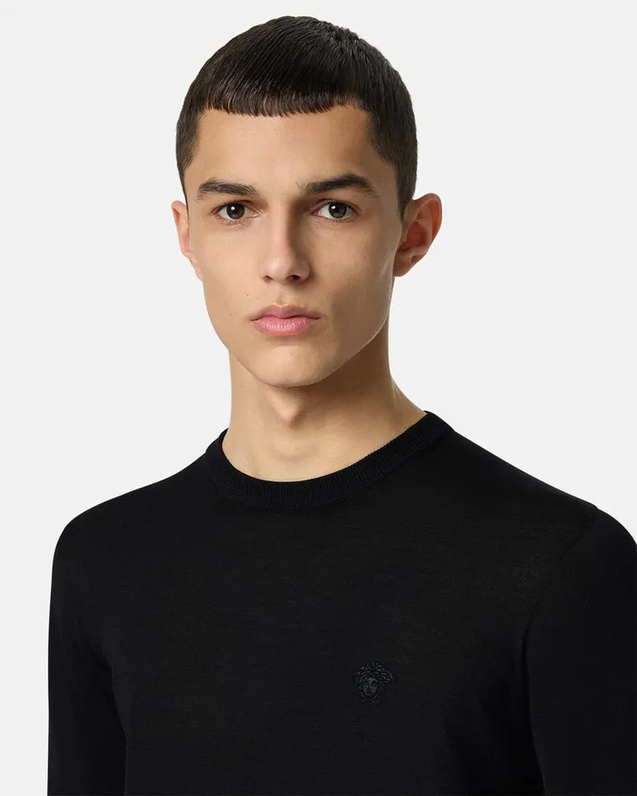 Versace Knitwear Men Embroidered WoolBlend Sweater Black