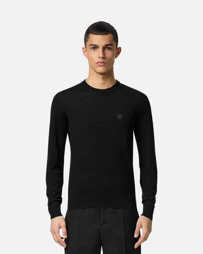 Versace Knitwear Men Embroidered WoolBlend Sweater Black