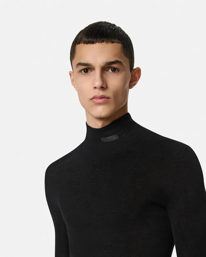 Versace Knitwear Men Merino Wool Fitted Ribbed Knit Top Black