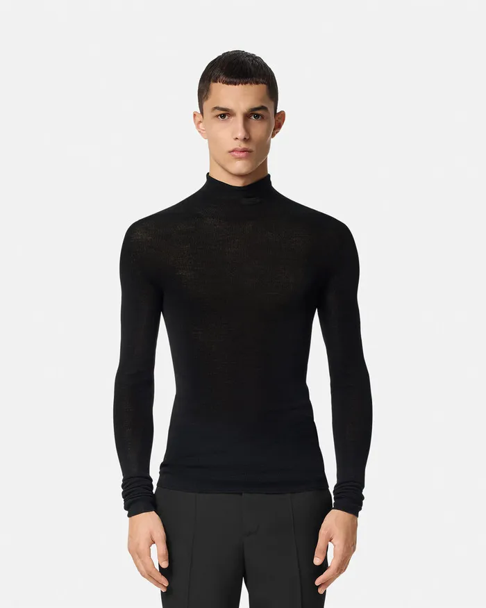 Versace Knitwear Men Merino Wool Fitted Ribbed Knit Top Black