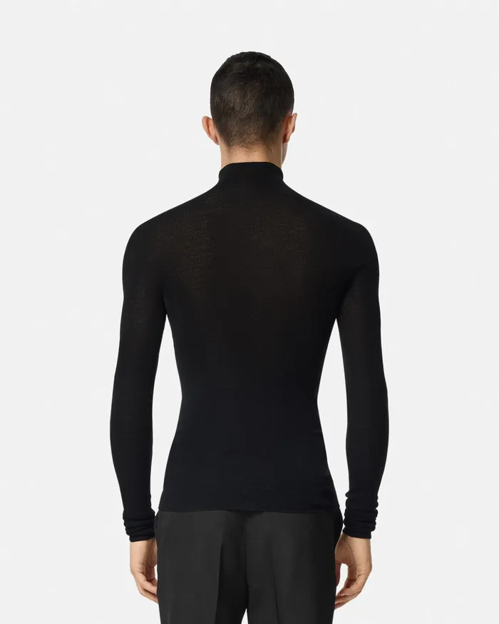Versace Knitwear Men Merino Wool Fitted Ribbed Knit Top Black