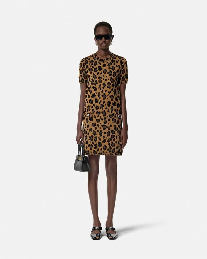 Versace Knitwear Women Leopard Jacquard Knit TShirt Dress Animalier