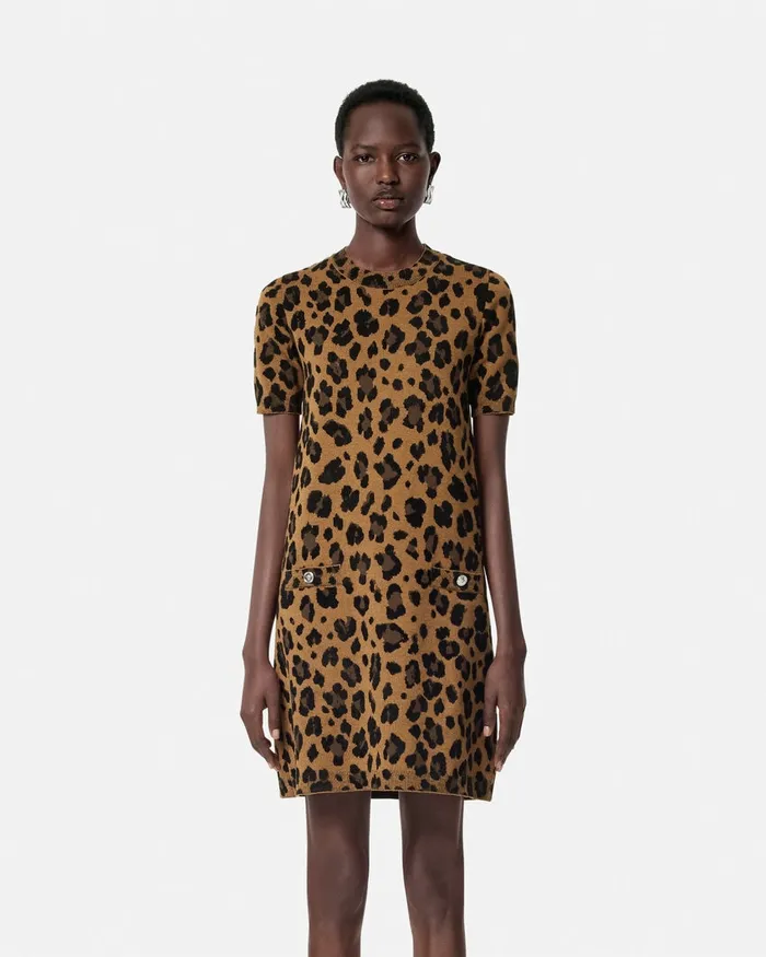 Versace Knitwear Women Leopard Jacquard Knit TShirt Dress Animalier