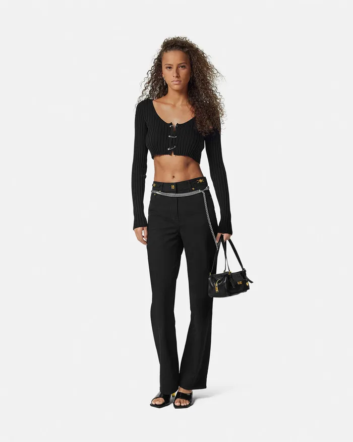 Versace Knitwear Women Safety Pin Scoop Crop RibbedKnit Cardigan Black