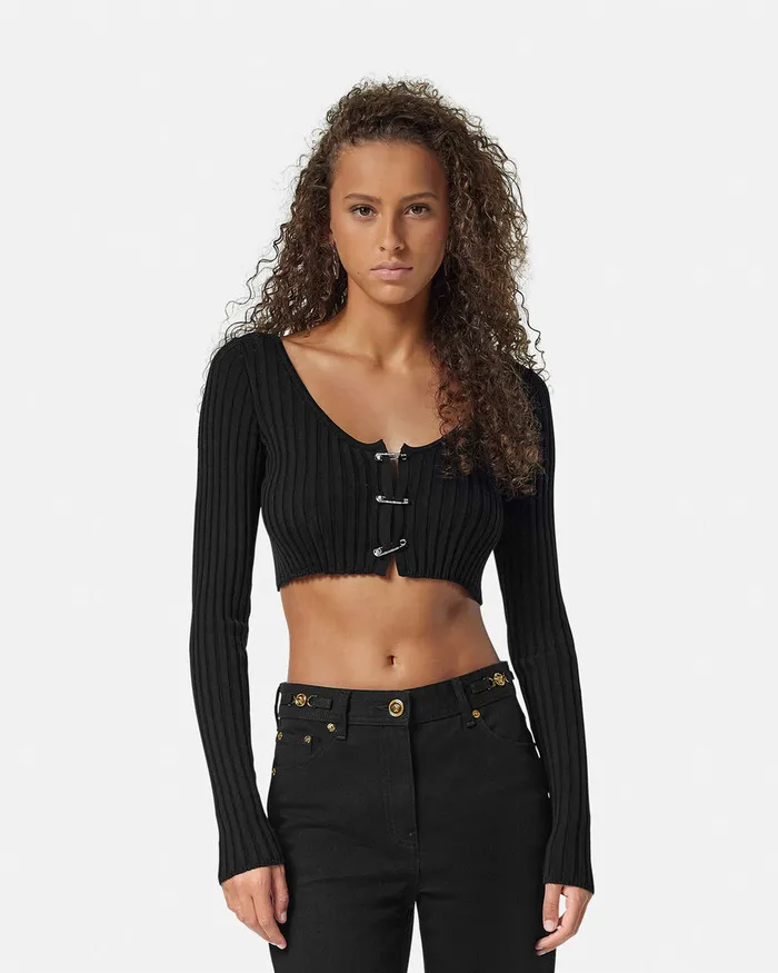 Versace Knitwear Women Safety Pin Scoop Crop RibbedKnit Cardigan Black