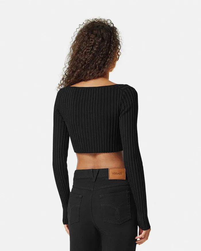 Versace Knitwear Women Safety Pin Scoop Crop RibbedKnit Cardigan Black