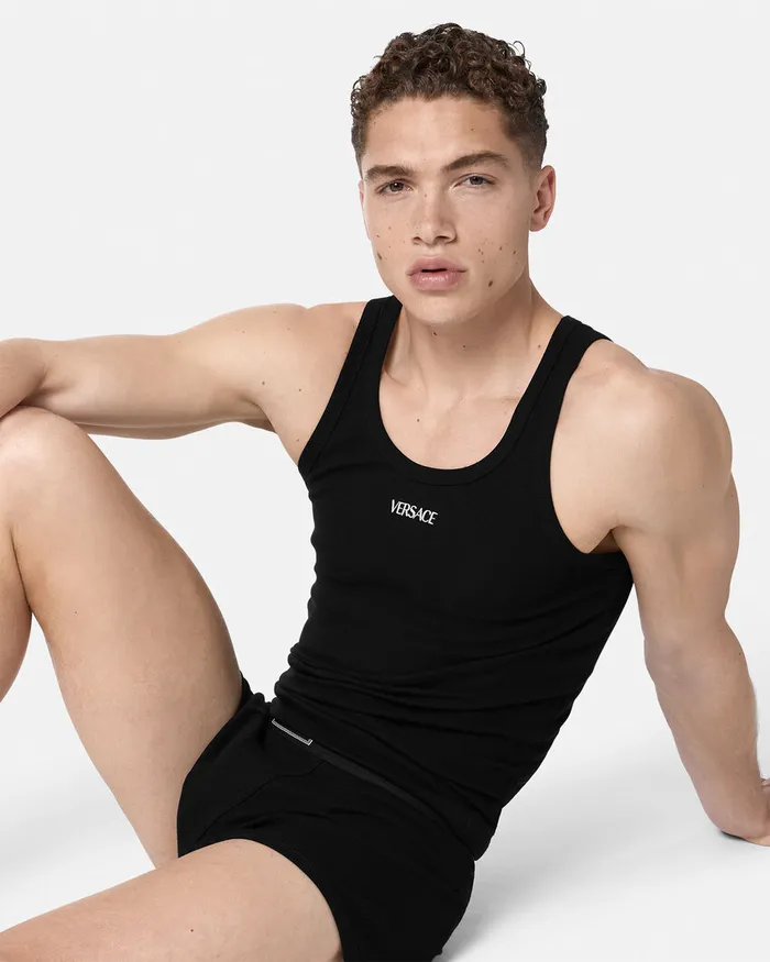 Versace Loungewear and Pajamas Men Logo Ribbed Tank Top Black
