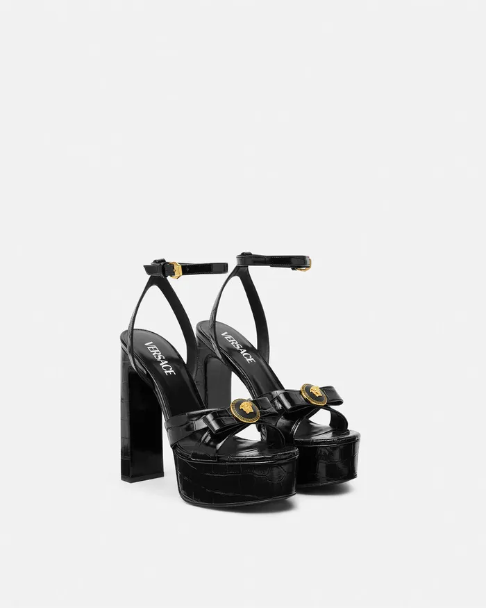 Versace Sandals Women CrocEffect Gianni Ribbon Sandals 140 Mm Blackgold