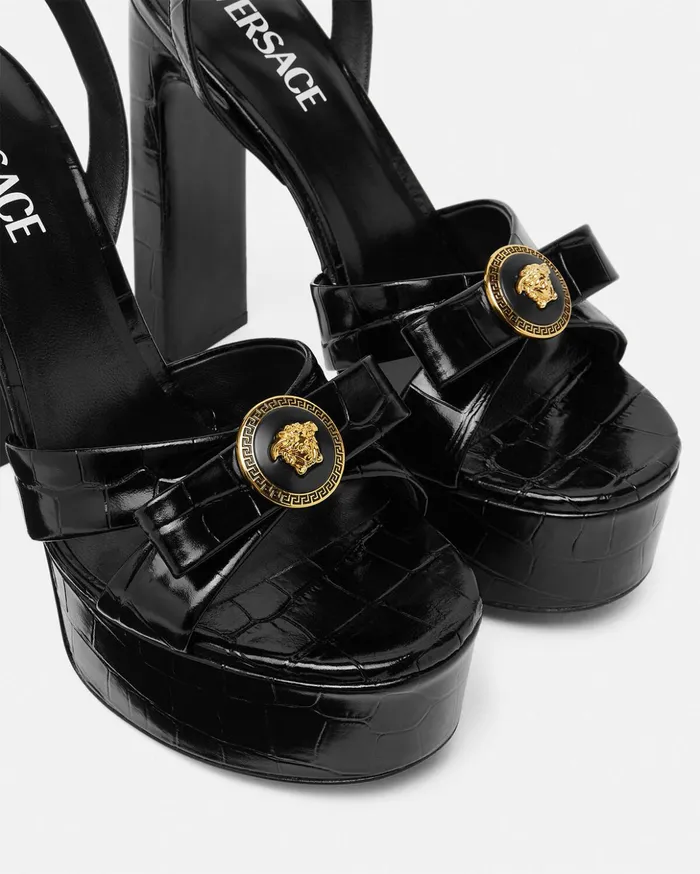Versace Sandals Women CrocEffect Gianni Ribbon Sandals 140 Mm Blackgold