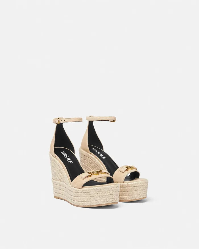 Versace Sandals Women Medusa 03995 Suede Wedge Sandals 120 Mm Beige