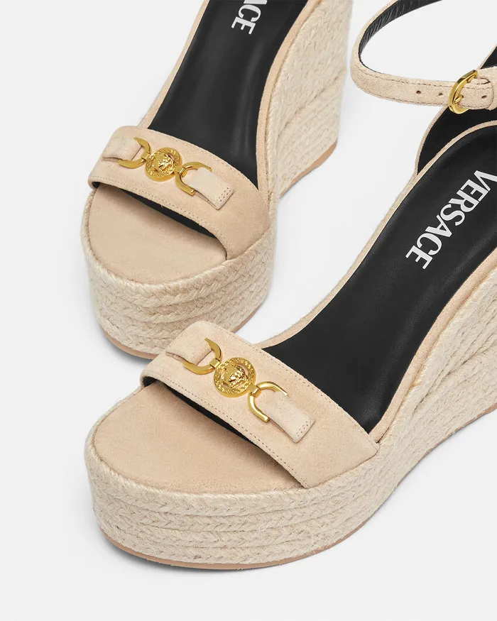 Versace Sandals Women Medusa 03995 Suede Wedge Sandals 120 Mm Beige