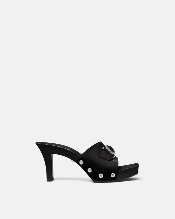 Versace Sandals Women Medusa Buckle Patent Clogs 60 Mm Blacksilver