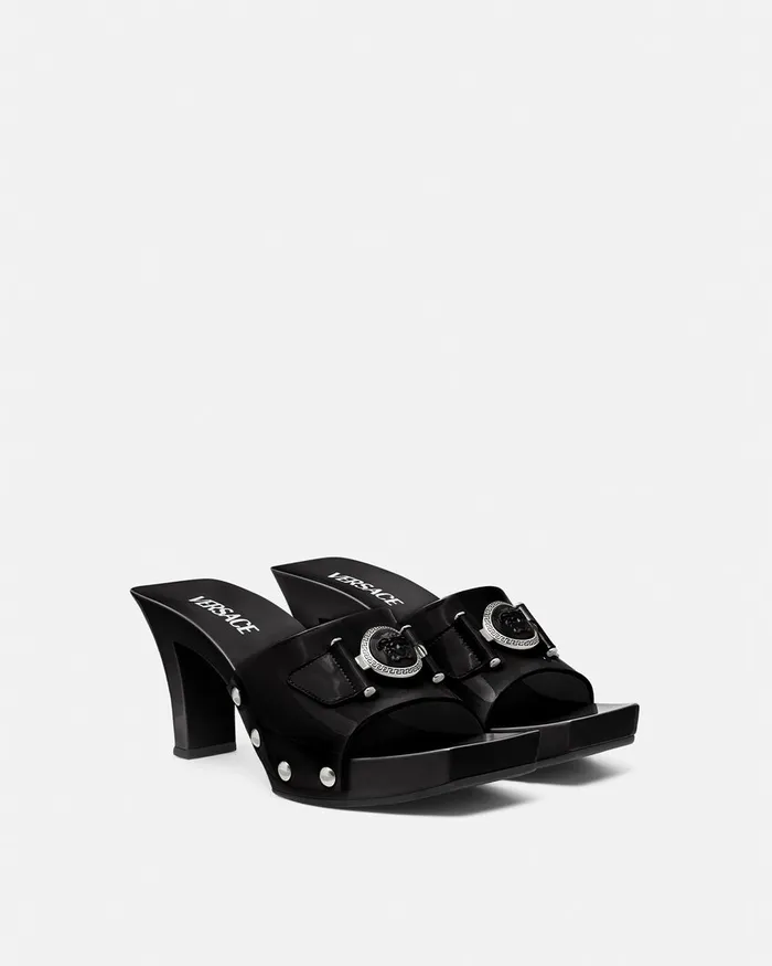 Versace Sandals Women Medusa Buckle Patent Clogs 60 Mm Blacksilver