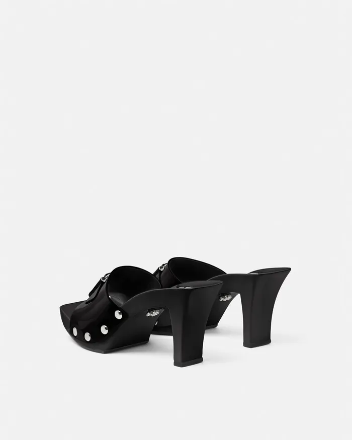 Versace Sandals Women Medusa Buckle Patent Clogs 60 Mm Blacksilver