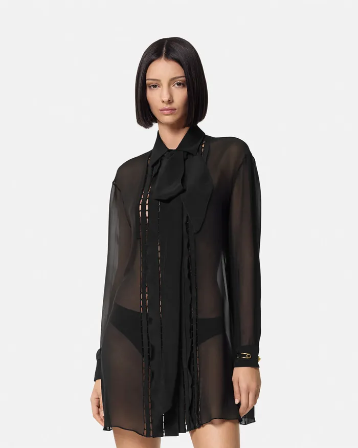 Versace Shirts and Tops Women Silk Georgette Lavallire Long Shirt Black