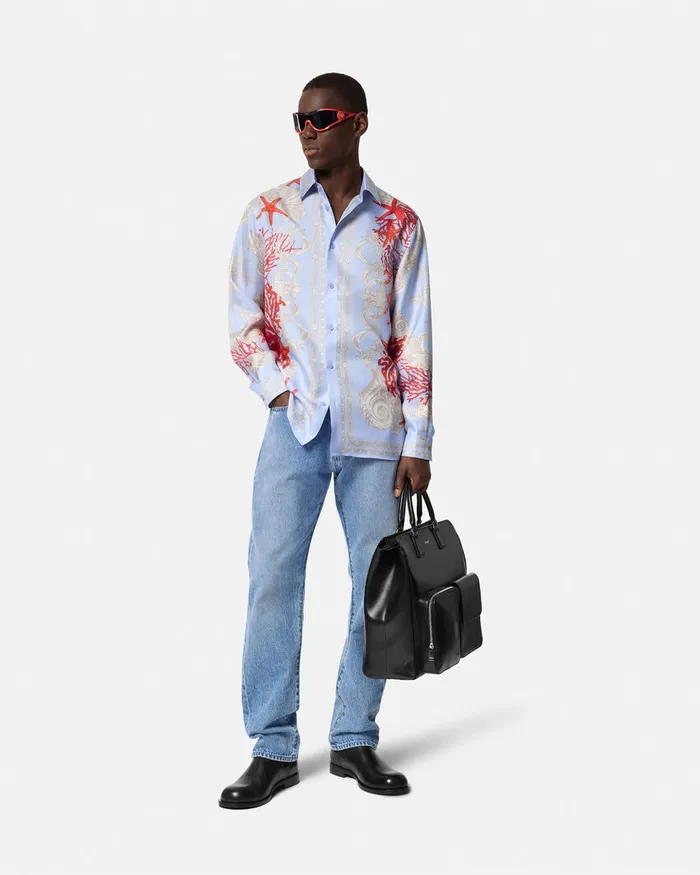 Versace Shirts Men Barocco Sea Silk Shirt Blueprint