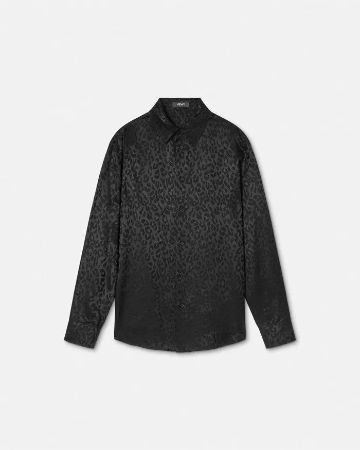 Versace Shirts Men Leopard Jacquard Satin Shirt Black