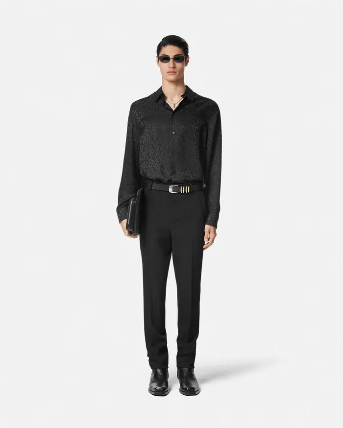 Versace Shirts Men Leopard Jacquard Satin Shirt Black