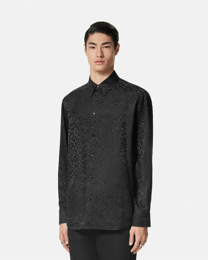 Versace Shirts Men Leopard Jacquard Satin Shirt Black