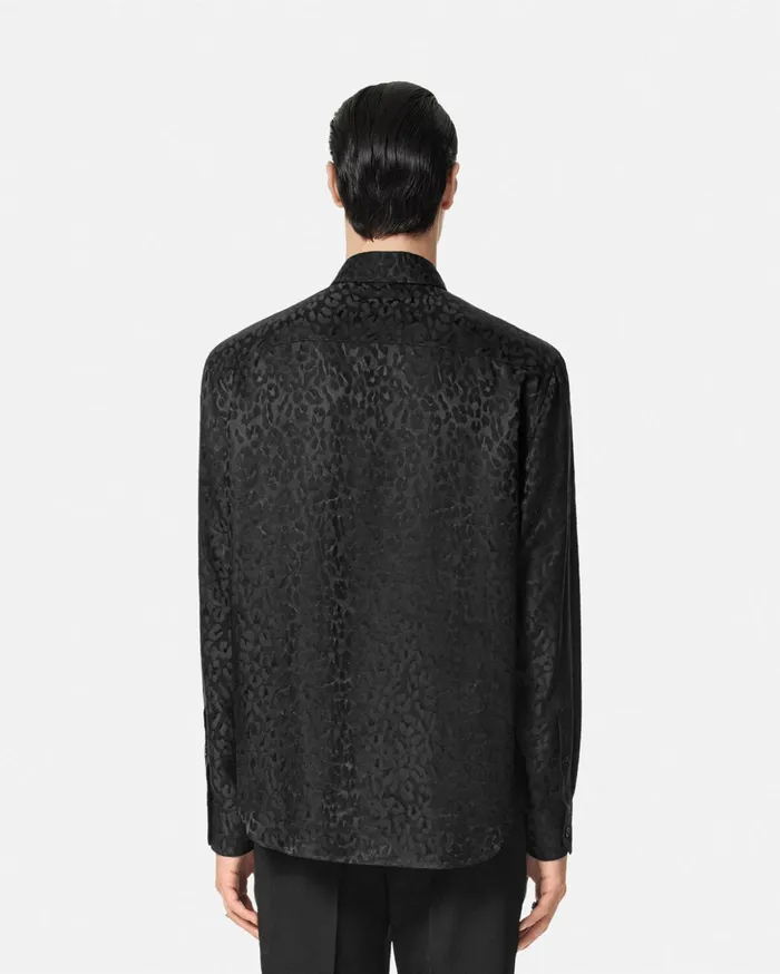 Versace Shirts Men Leopard Jacquard Satin Shirt Black