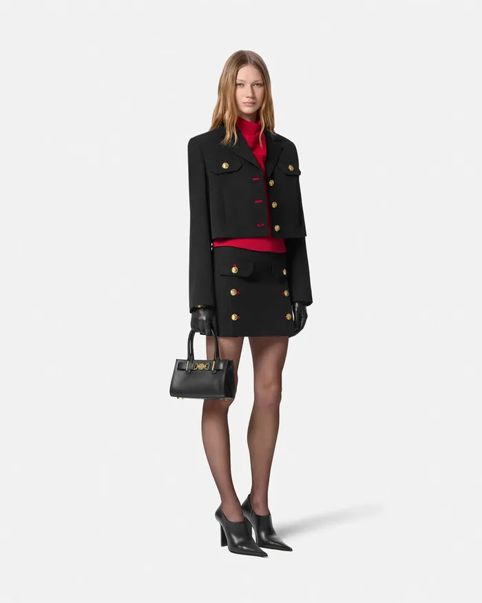 Versace Suits Women Wool Gabardine Uniform Crop Jacket Black