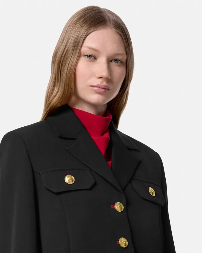 Versace Suits Women Wool Gabardine Uniform Crop Jacket Black