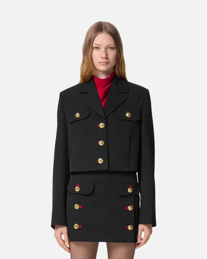 Versace Suits Women Wool Gabardine Uniform Crop Jacket Black